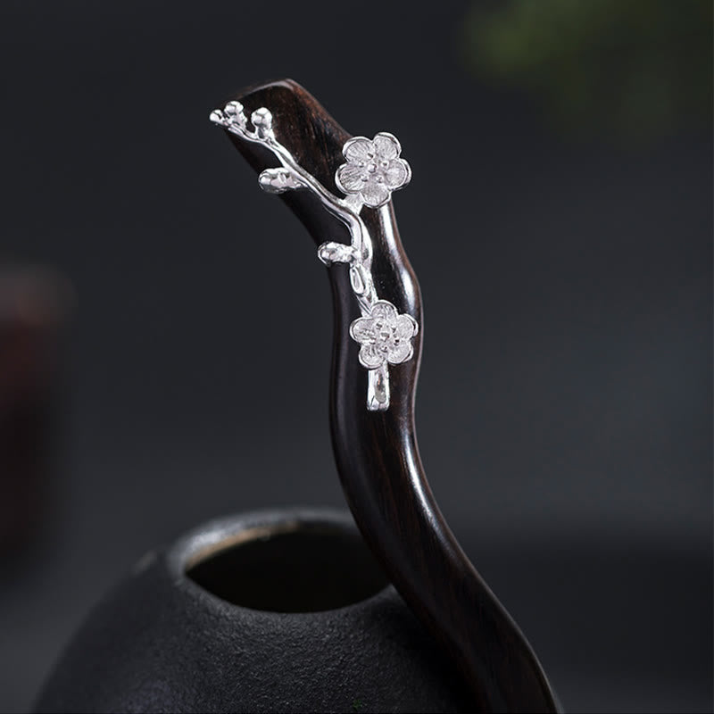 Horquilla con bendición de flor de ciruelo de ébano de estilo chino clásico de plata de ley 925 con Buddha Stones