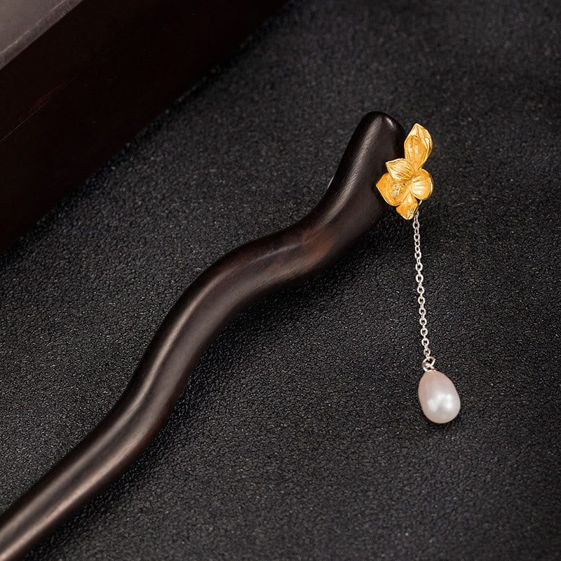 Horquilla con borlas de perlas y flor de loto de ébano de estilo chino clásico de plata de ley 925 con Buddha Stones - Horquilla de flores con borla de Louts - image 0
