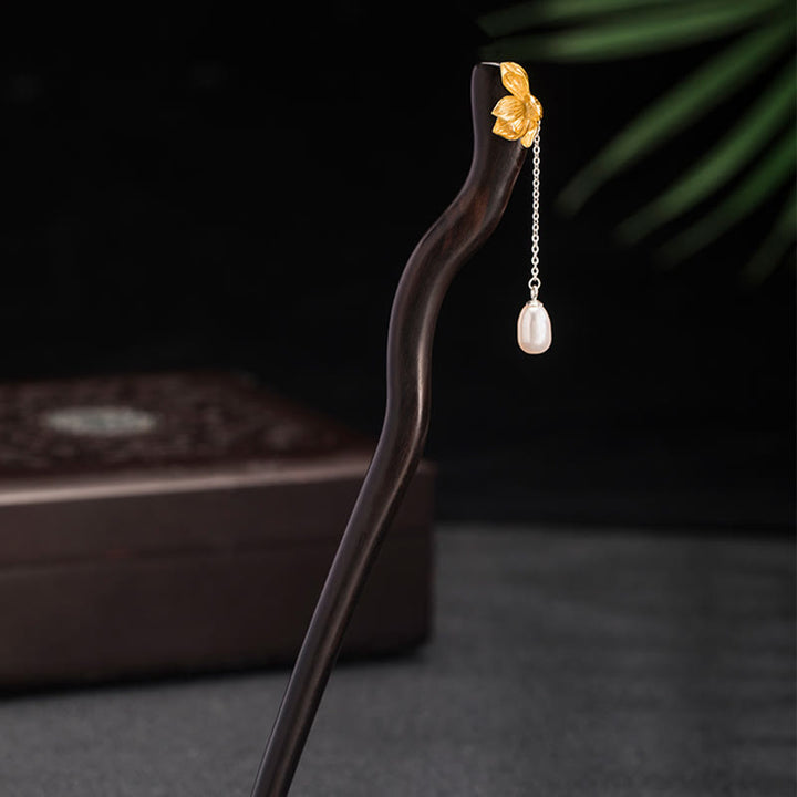Horquilla con borlas de perlas y flor de loto de ébano de estilo chino clásico de plata de ley 925 con Buddha Stones - image 3