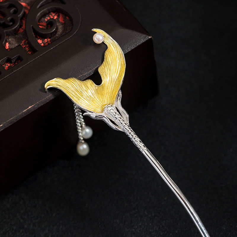 Buddha Stones Horquilla de plata de ley 925 con borlas de perlas y cola de pez de estilo chino clásico - image 7