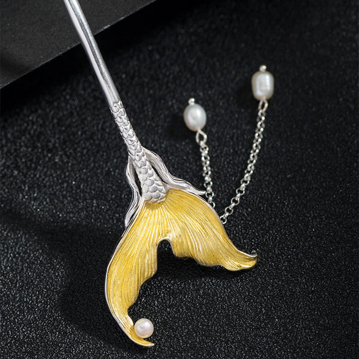Buddha Stones Horquilla de plata de ley 925 con borlas de perlas y cola de pez de estilo chino clásico