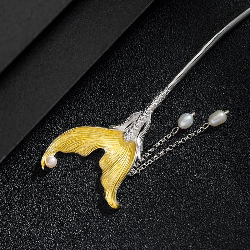 Buddha Stones Horquilla de plata de ley 925 con borlas de perlas y cola de pez de estilo chino clásico