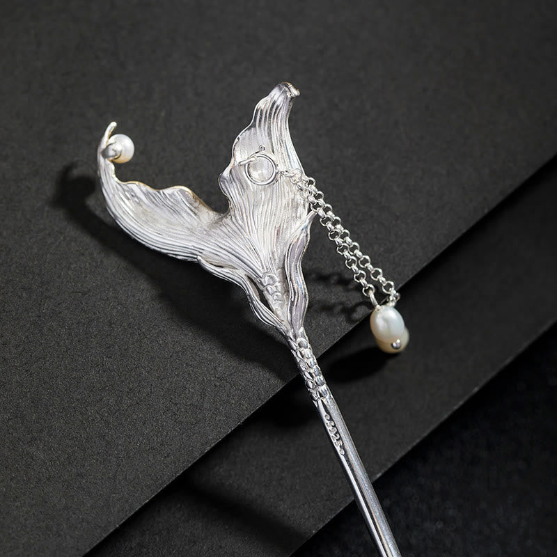 Buddha Stones Horquilla de plata de ley 925 con borlas de perlas y cola de pez de estilo chino clásico