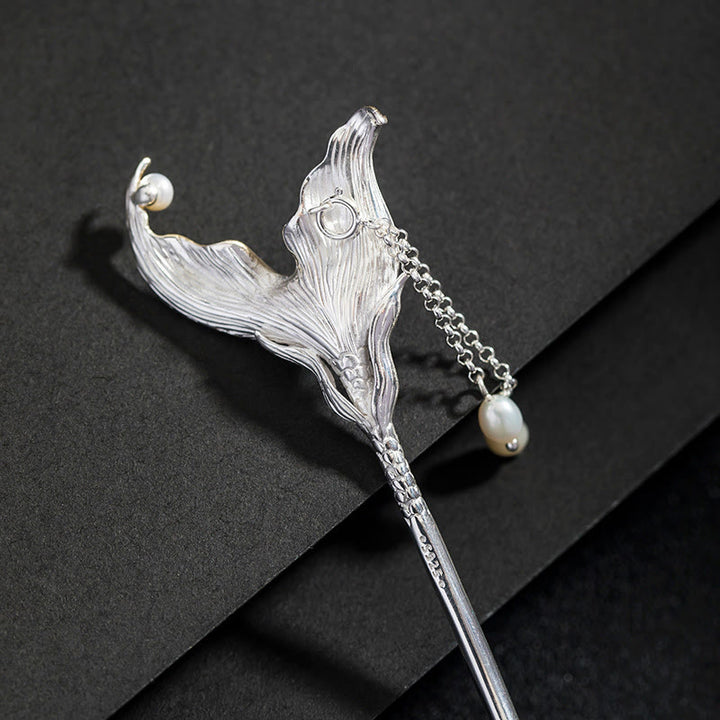 Buddha Stones Horquilla de plata de ley 925 con borlas de perlas y cola de pez de estilo chino clásico