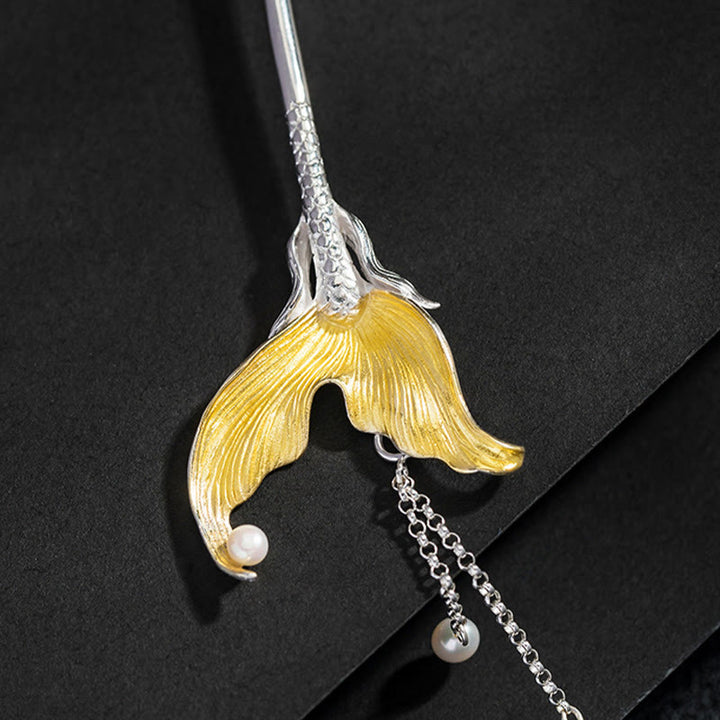 Buddha Stones Horquilla de plata de ley 925 con borlas de perlas y cola de pez de estilo chino clásico - image 8