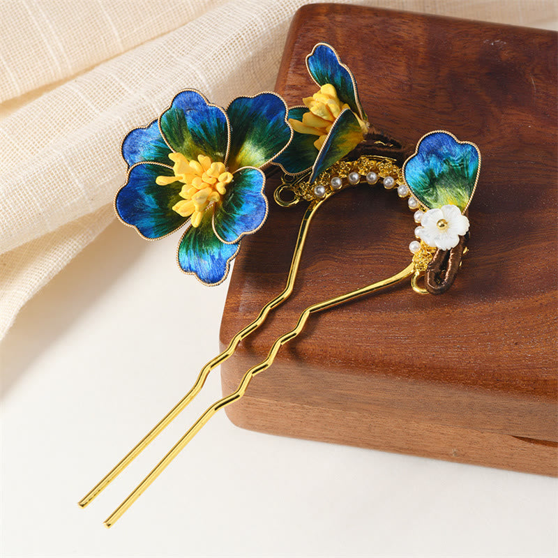 Horquilla con forma de mariposa y perla, hecha de madera de Buddha Stones , patrimonio cultural inmaterial, hecha a mano, con flores de seda y bendiciones