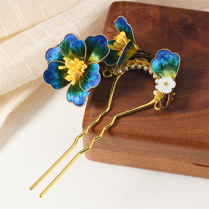 Horquilla con forma de mariposa y perla, hecha de madera de Buddha Stones , patrimonio cultural inmaterial, hecha a mano, con flores de seda y bendiciones