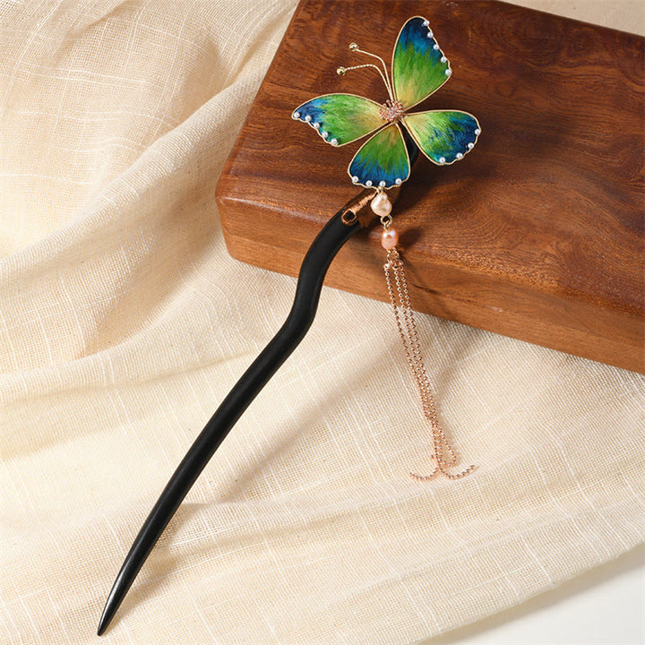 Horquilla con forma de mariposa y perla, hecha de madera de Buddha Stones , patrimonio cultural inmaterial, hecha a mano, con flores de seda y bendiciones