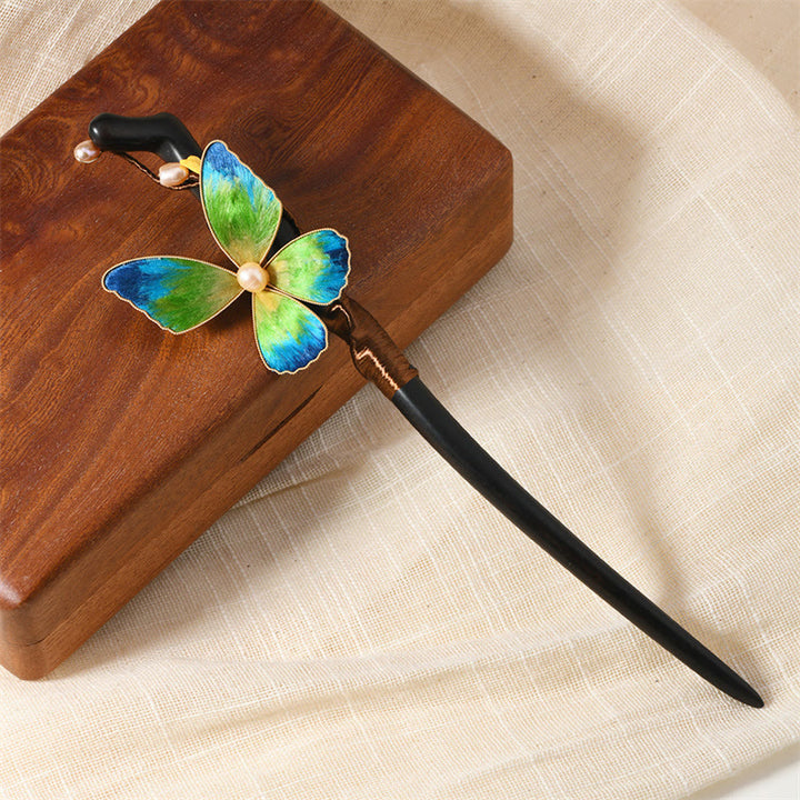 Horquilla con forma de mariposa y perla, hecha de madera de Buddha Stones , patrimonio cultural inmaterial, hecha a mano, con flores de seda y bendiciones