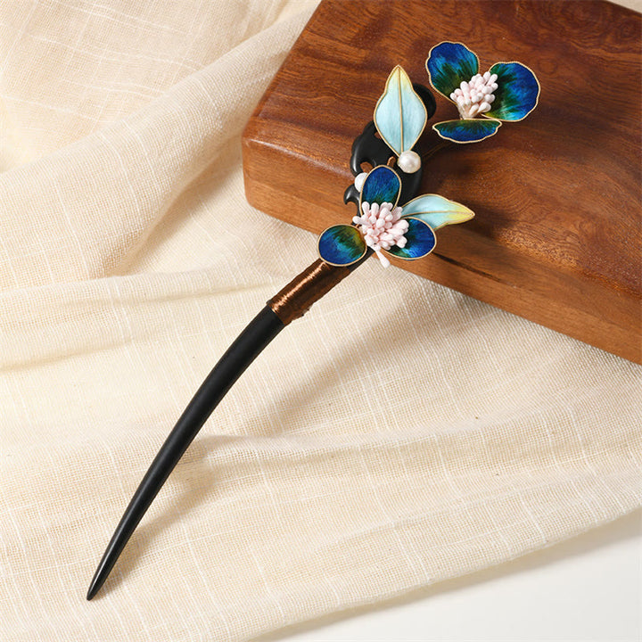 Horquilla con forma de mariposa y perla, hecha de madera de Buddha Stones , patrimonio cultural inmaterial, hecha a mano, con flores de seda y bendiciones