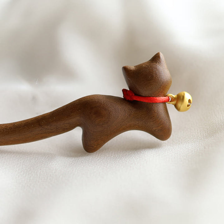 Horquilla de sándalo con forma de gato de estilo chino clásico con Buddha Stones