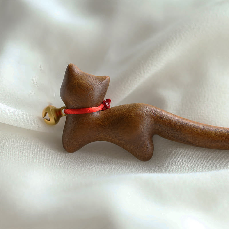 Horquilla de sándalo con forma de gato de estilo chino clásico con Buddha Stones