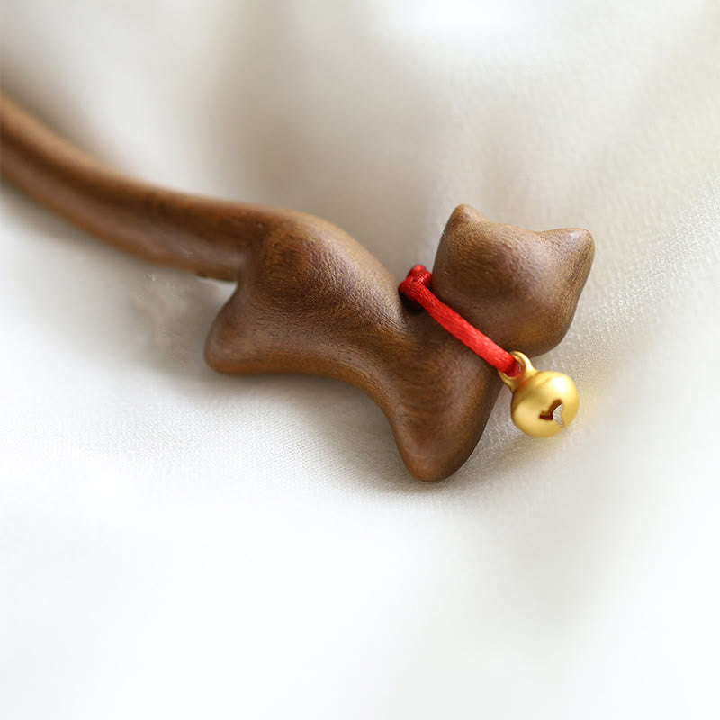 Horquilla de sándalo con forma de gato de estilo chino clásico con Buddha Stones