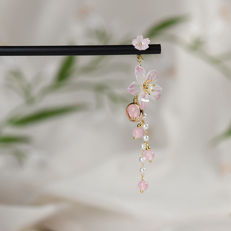 Horquilla de madera con borlas y flores de pera de estilo artístico con Buddha Stones