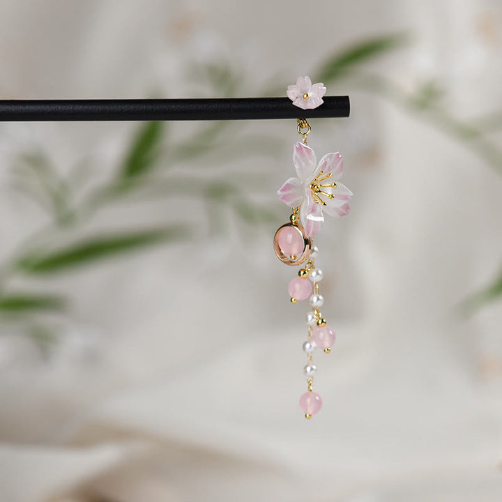 Horquilla de madera con borlas y flores de pera de estilo artístico con Buddha Stones