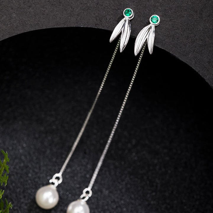 Pendientes colgantes con protección de hojas de bambú, circonitas y perlas de plata de ley 925 con Buddha Stones - image 1