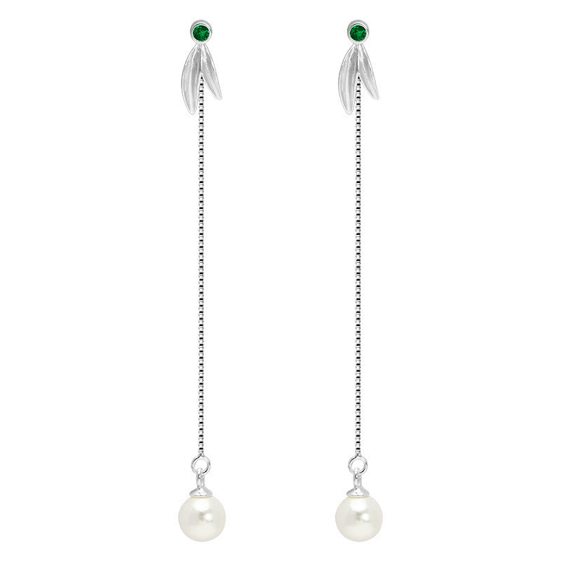 Pendientes colgantes con protección de hojas de bambú, circonitas y perlas de plata de ley 925 con Buddha Stones