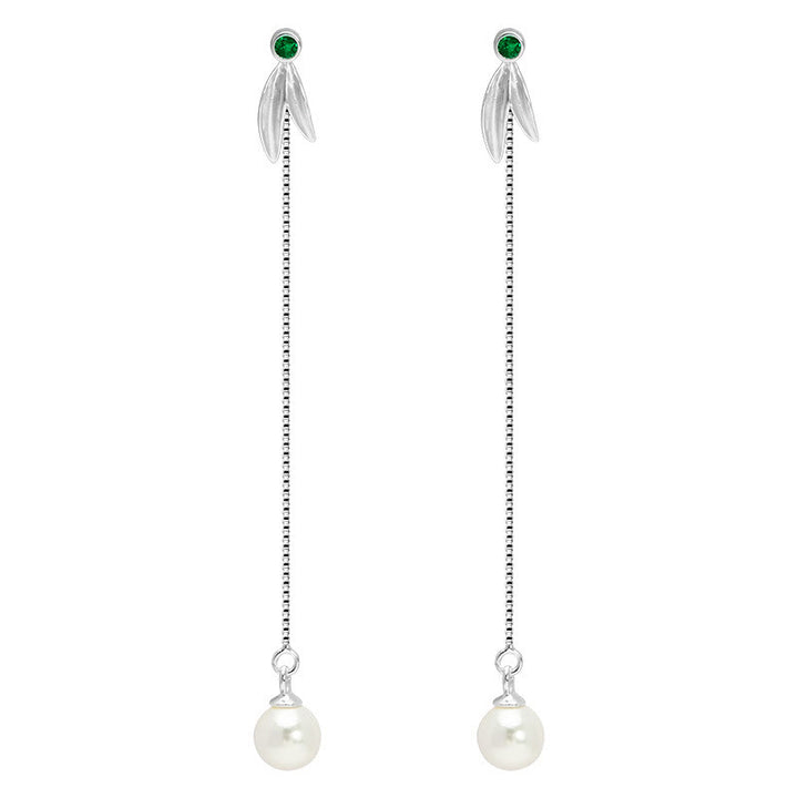 Pendientes colgantes con protección de hojas de bambú, circonitas y perlas de plata de ley 925 con Buddha Stones