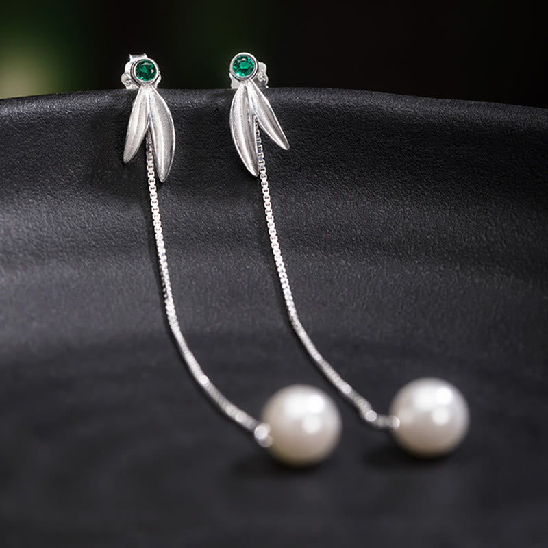 Pendientes colgantes con protección de hojas de bambú, circonitas y perlas de plata de ley 925 con Buddha Stones