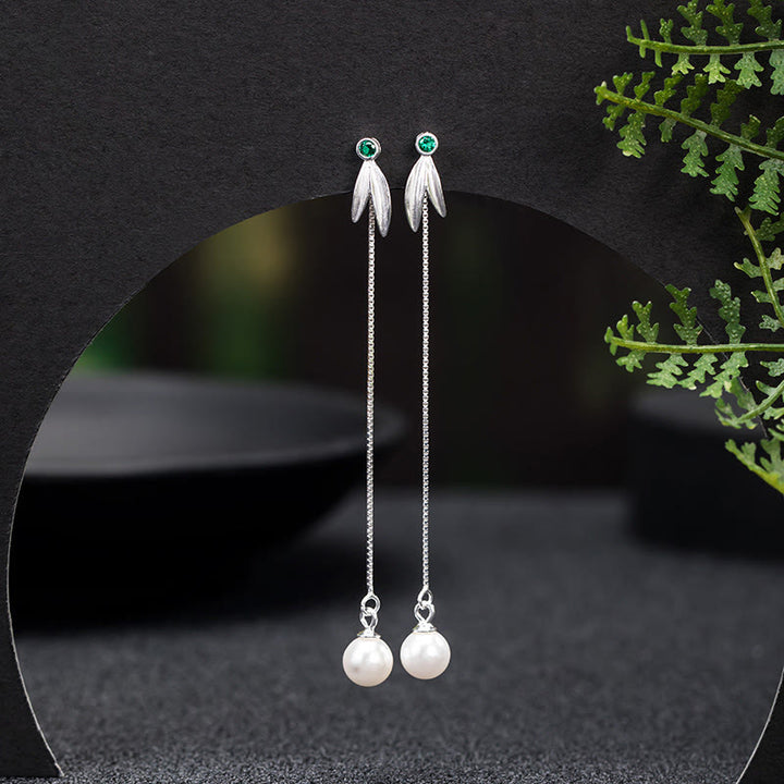 Pendientes colgantes con protección de hojas de bambú, circonitas y perlas de plata de ley 925 con Buddha Stones - Pendientes de hojas de bambú - image 0