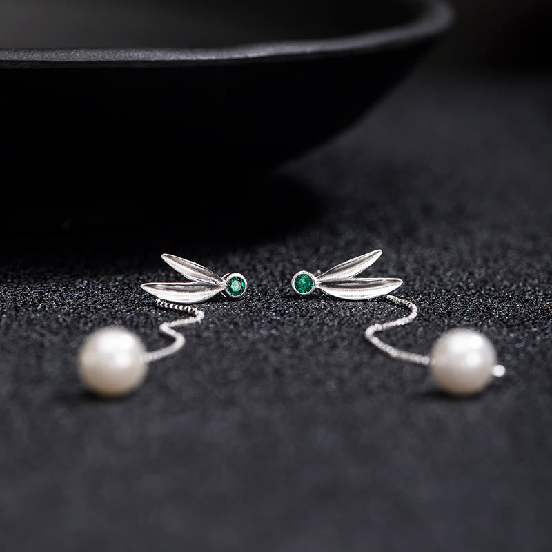 Pendientes colgantes con protección de hojas de bambú, circonitas y perlas de plata de ley 925 con Buddha Stones