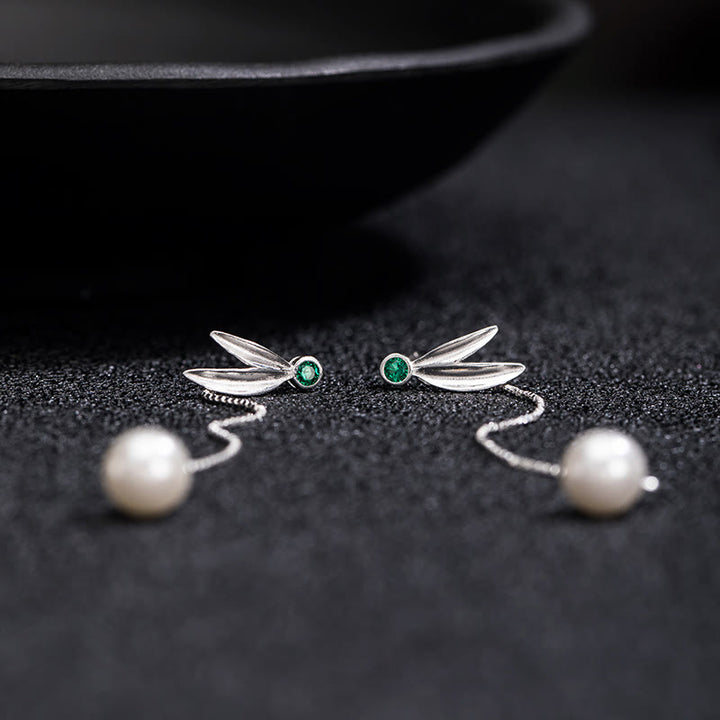 Pendientes colgantes con protección de hojas de bambú, circonitas y perlas de plata de ley 925 con Buddha Stones