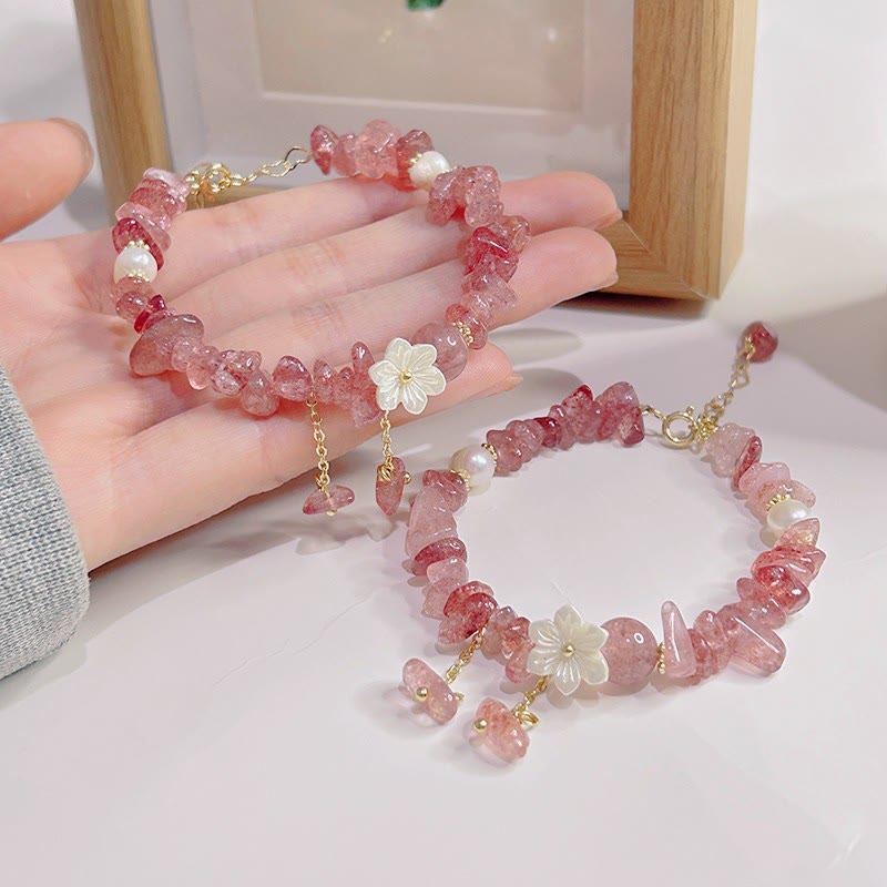 Pulsera curativa con flores de cristal Super Seven y cuarzo fresa natural y cuarzo fresa verde de Buddha Stones