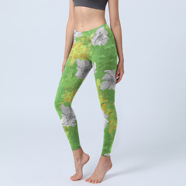 Leggings deportivos de fitness con estampado de flores en gris, verde y amarillo y Buddha Stones para mujer - AmarilloVerde - US18，UK/AU22，EU50 (4XL) - image 1