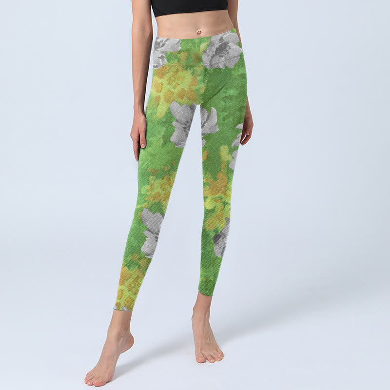 Leggings deportivos de fitness con estampado de flores en gris, verde y amarillo y Buddha Stones para mujer - image 6