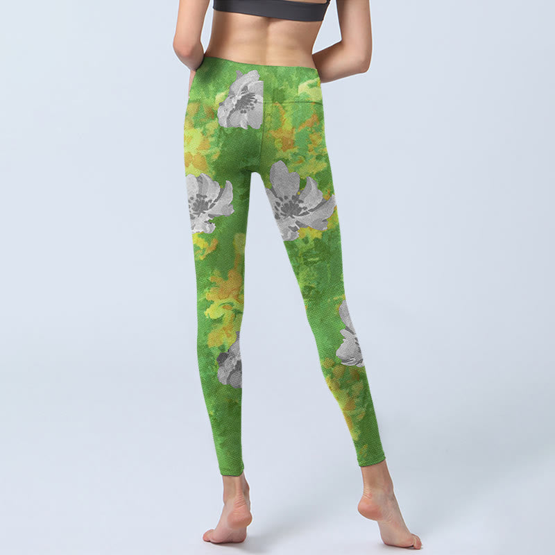Leggings deportivos de fitness con estampado de flores en gris, verde y amarillo y Buddha Stones para mujer - image 7