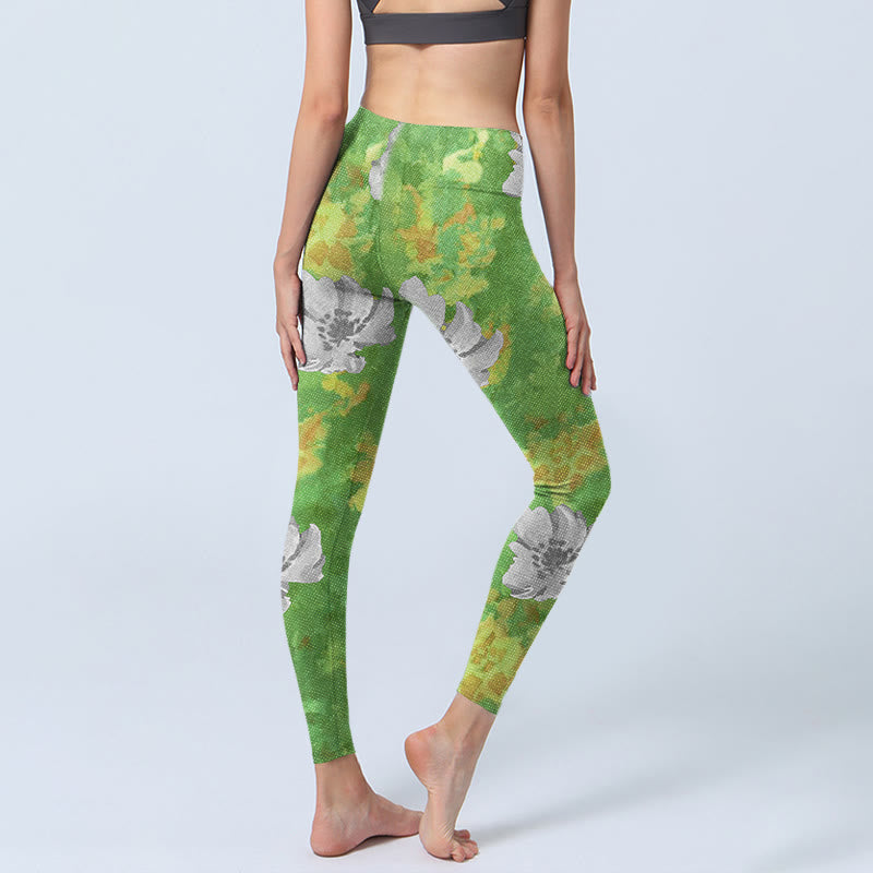 Leggings deportivos de fitness con estampado de flores en gris, verde y amarillo y Buddha Stones para mujer - image 5