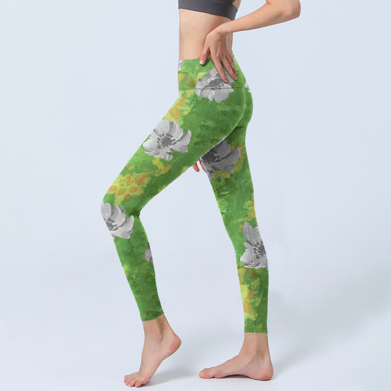 Leggings deportivos de fitness con estampado de flores en gris, verde y amarillo y Buddha Stones para mujer - image 3
