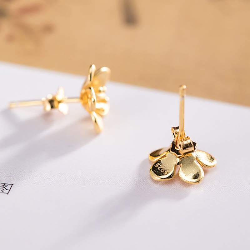 Pendientes de plata de ley 925 con Buddha Stones y flor de melocotón dorada