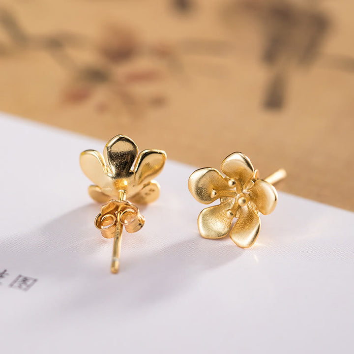 Pendientes de plata de ley 925 con Buddha Stones y flor de melocotón dorada