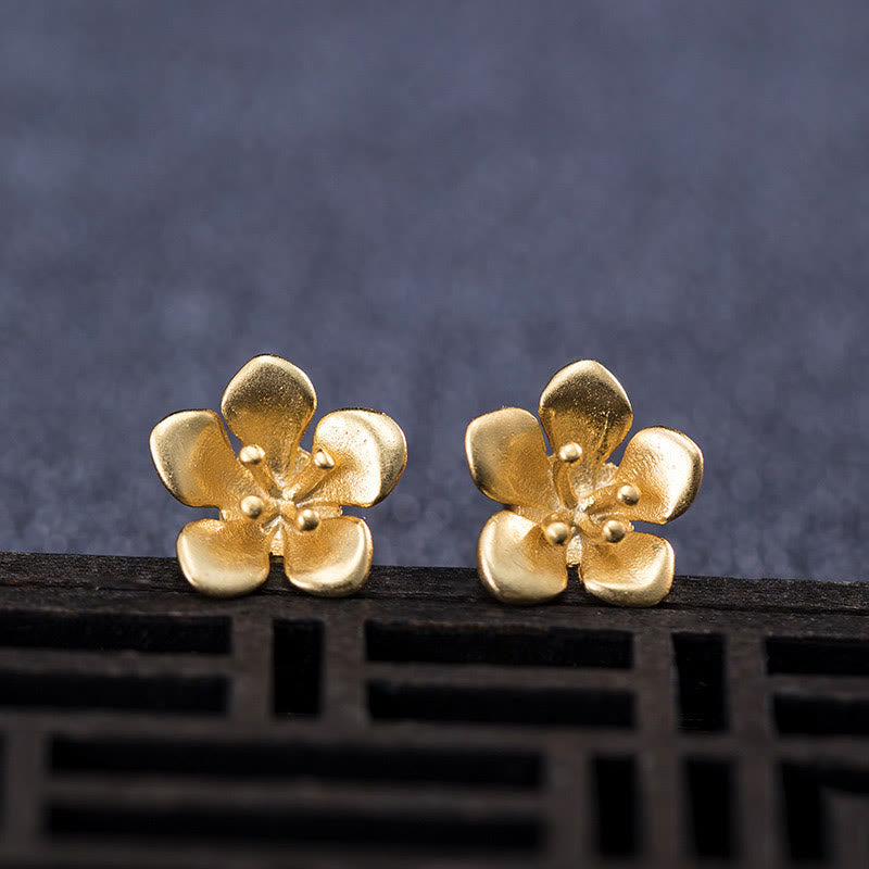 Pendientes de plata de ley 925 con Buddha Stones y flor de melocotón dorada