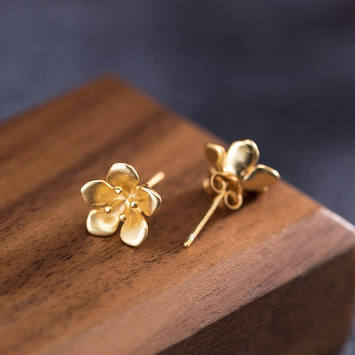 Pendientes de plata de ley 925 con Buddha Stones y flor de melocotón dorada