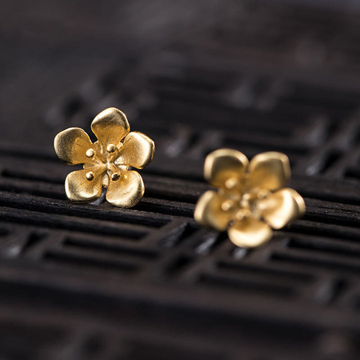 Pendientes de plata de ley 925 con Buddha Stones y flor de melocotón dorada