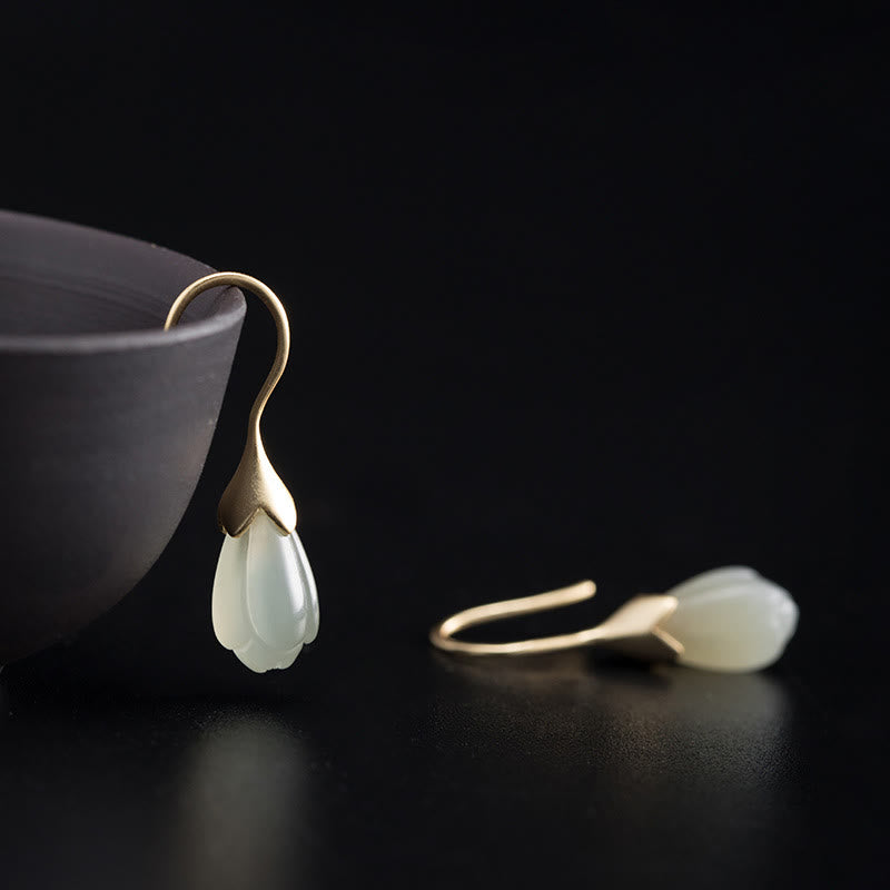 Pendientes colgantes de plata de ley 925 con Buddha Stones y jade hetiano y magnolia. - Plata de ley 925 - image 0