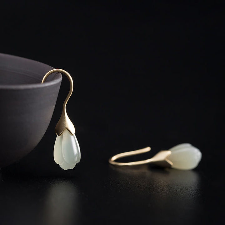 Pendientes colgantes de plata de ley 925 con Buddha Stones y jade hetiano y magnolia. - Plata de ley 925 - image 0