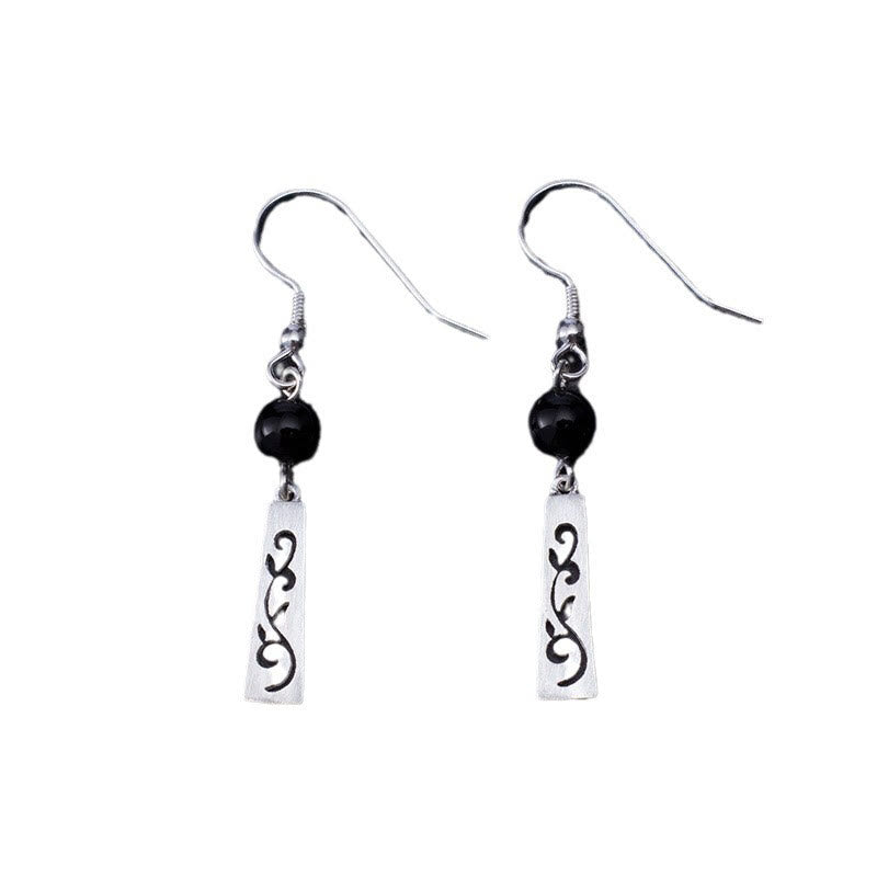 Pendientes colgantes de protección con forma de enredadera hueca de ónix negro y Buddha Stones en plata de ley 925
