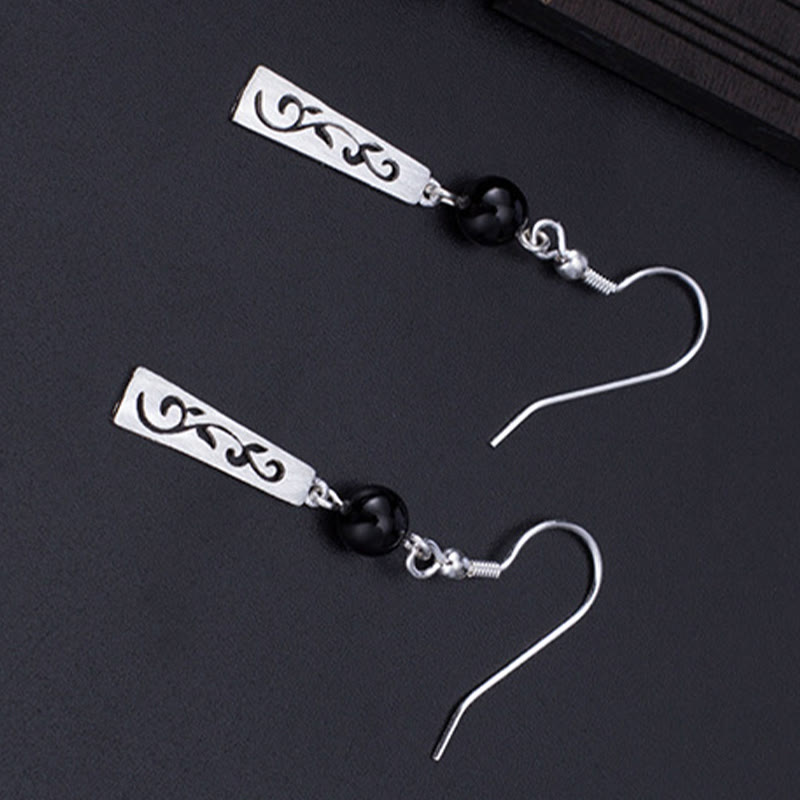 Pendientes colgantes de protección con forma de enredadera hueca de ónix negro y Buddha Stones en plata de ley 925