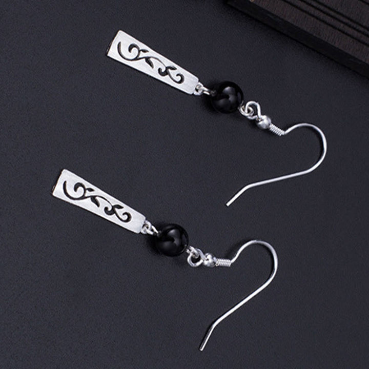 Pendientes colgantes de protección con forma de enredadera hueca de ónix negro y Buddha Stones en plata de ley 925