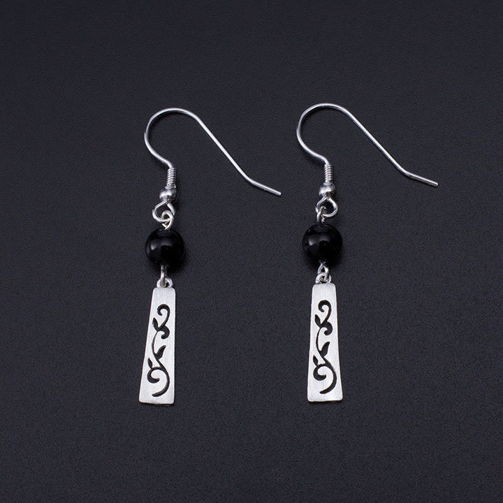 Pendientes colgantes de protección con forma de enredadera hueca de ónix negro y Buddha Stones en plata de ley 925