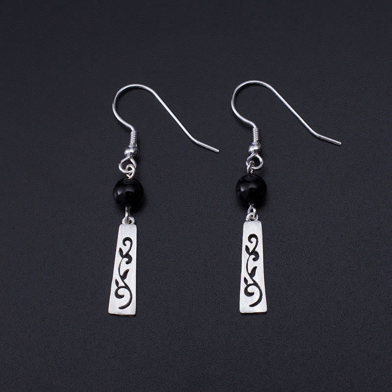 Pendientes colgantes de protección con Buddha Stones en plata de ley 925 y ónix negro con forma de enredadera hueca - Plata de ley 925 - image 0