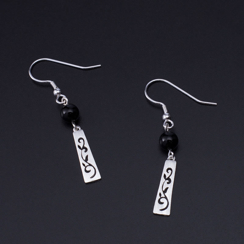 Pendientes colgantes de protección con forma de enredadera hueca de ónix negro y Buddha Stones en plata de ley 925