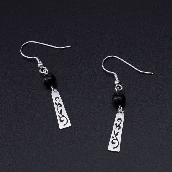 Pendientes colgantes de protección con forma de enredadera hueca de ónix negro y Buddha Stones en plata de ley 925