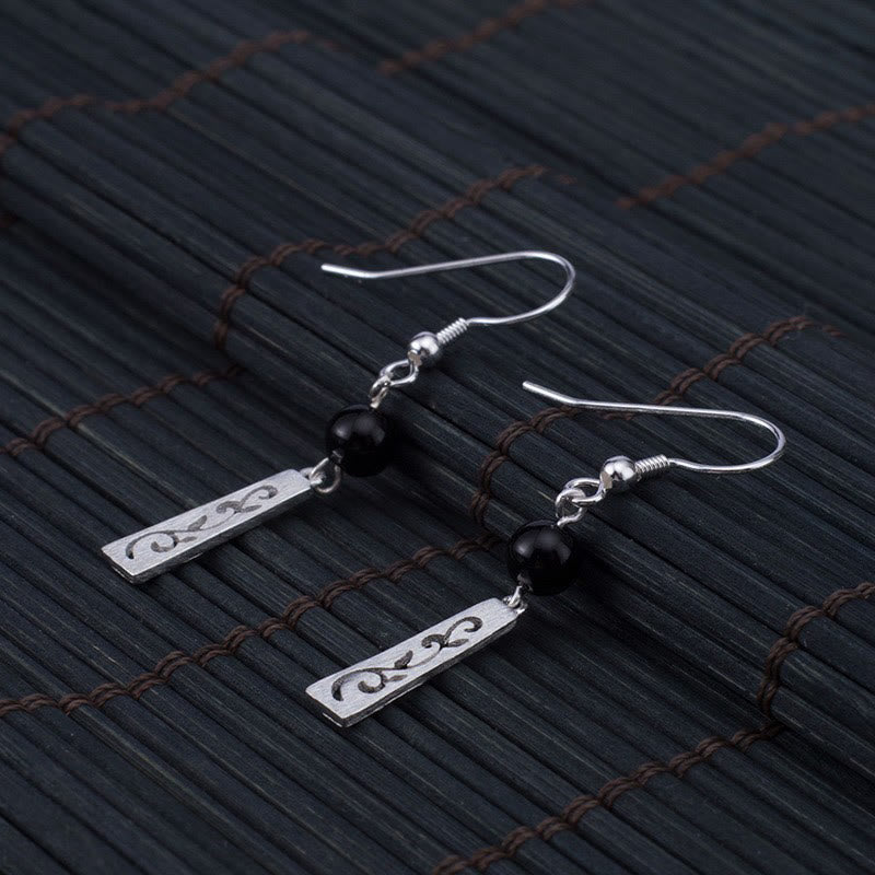 Pendientes colgantes de protección con forma de enredadera hueca de ónix negro y Buddha Stones en plata de ley 925