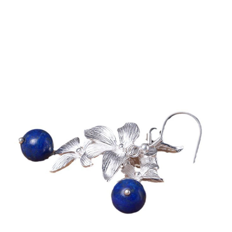 Pendientes colgantes con flores de estilo étnico de lazurita y plata de ley 925 con Buddha Stones