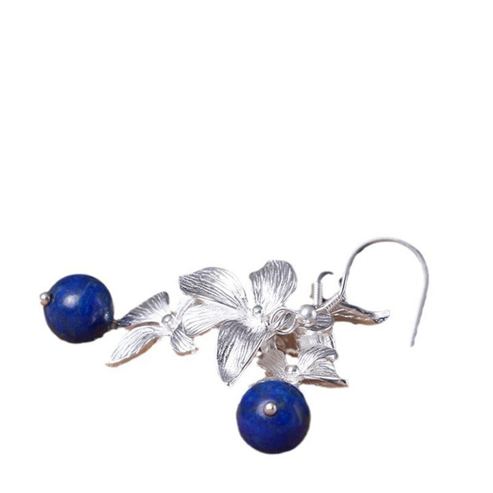 Pendientes colgantes con flores de estilo étnico de lazurita y plata de ley 925 con Buddha Stones