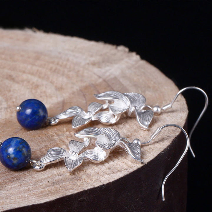 Pendientes colgantes con flores de estilo étnico de lazurita y plata de ley 925 con Buddha Stones